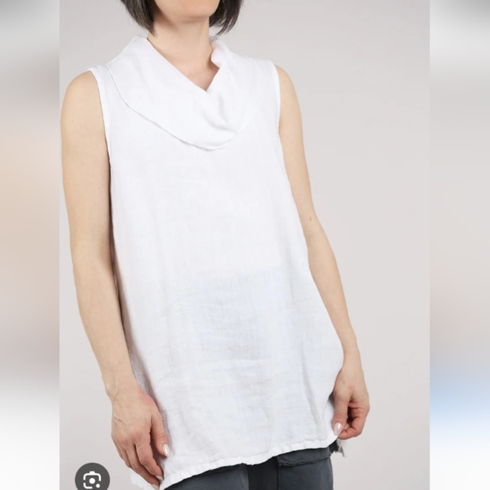 Fenini 100% Linen Draping Colw Neck  A-line Tunic Sleeveless Top Sz-M